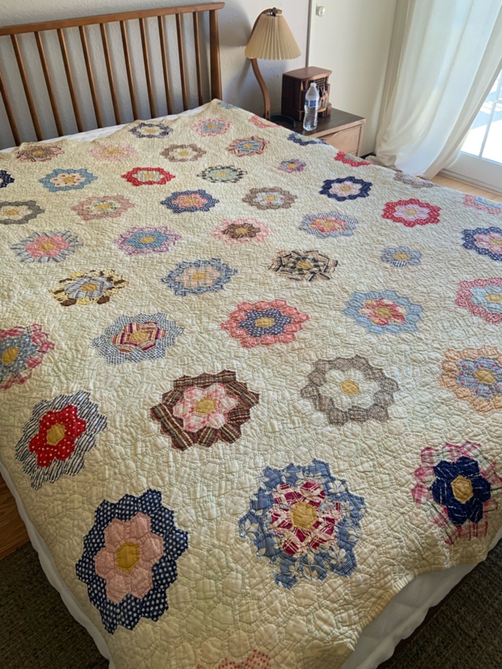 Vintage Handmade Floral Patchwork Quilt - Cream Base with Multi-Color Flowers